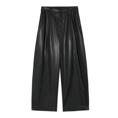 AsGony ASG25556 Protein leather elastic cut black leather pants