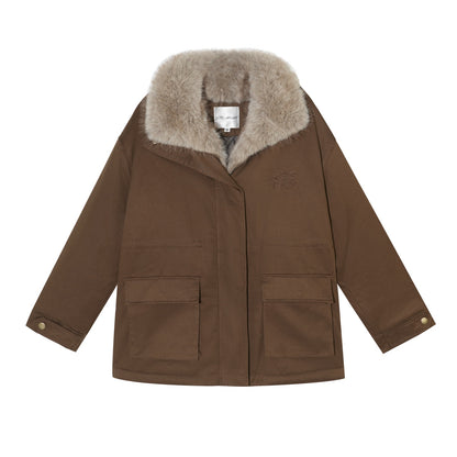 AsGony ASG25564 Detachable wool collar clip cotton Lyocell Parker jacket