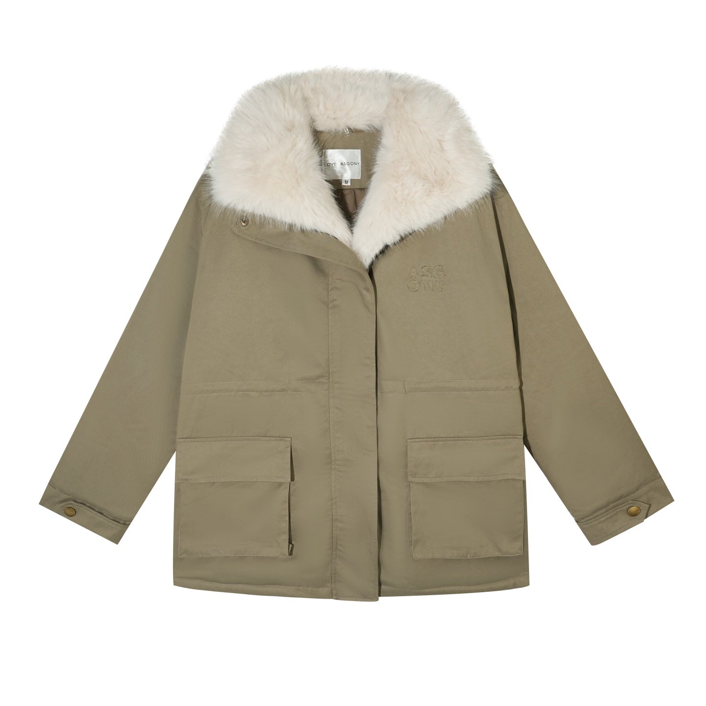 AsGony ASG25564 Detachable wool collar clip cotton Lyocell Parker jacket
