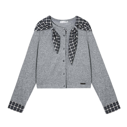 AsGony ASG25566 Wool plaid splicing tie sweater cardigan