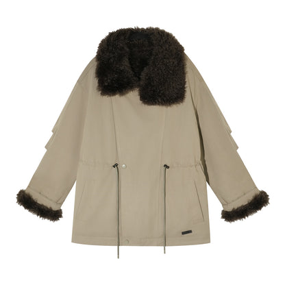 AsGony ASG25568 Sleeves pleated large lapel drawstring loose parka jacket