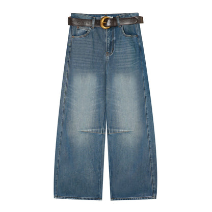 AsGony ASG25570 Plush versatile curved knife washed denim jeans