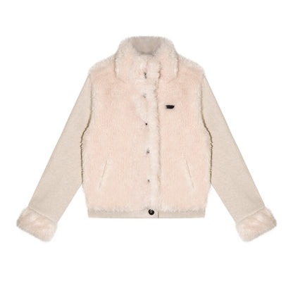 AsGony ASG25587 Environmentally friendly fur knitted stand up collar spliced jacket