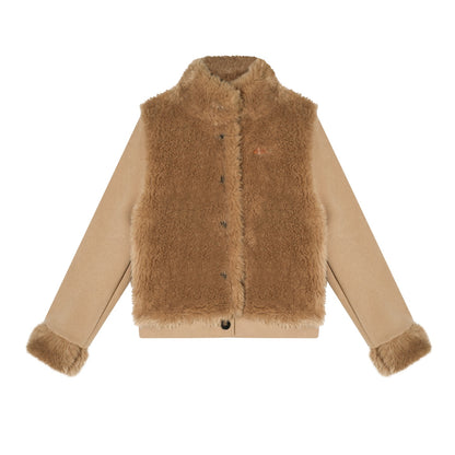 AsGony ASG25587 Environmentally friendly fur knitted stand up collar spliced jacket