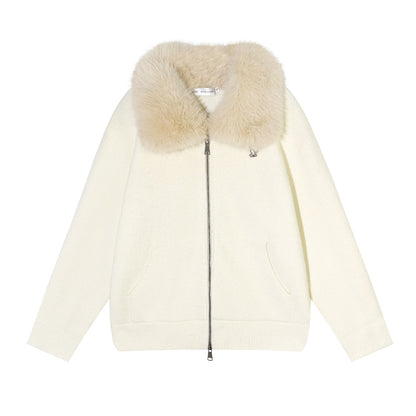 AsGony ASG25601 Wool Flannel Lapel Zippered Knit Sweater Jacket