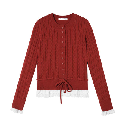 AsGony ASG25622 Lace hem patchwork knit sweater