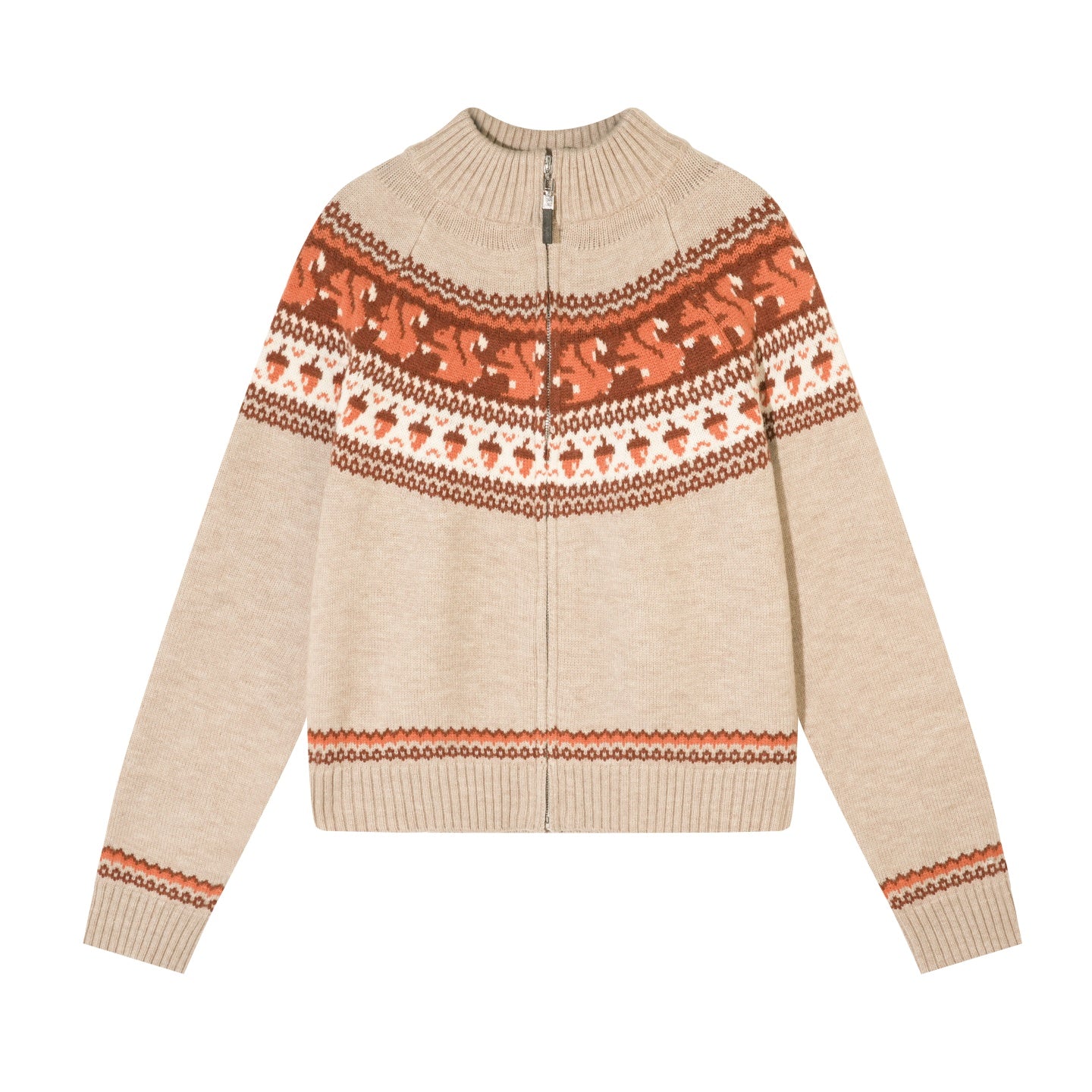 AsGony ASG25626 Wool Fel Island Jacquard Zipper Knitted Sweater Jacket