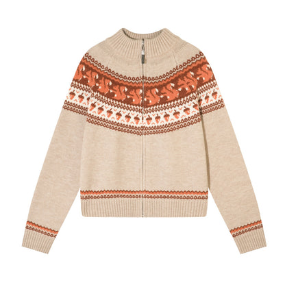 AsGony ASG25626 Wool Fel Island Jacquard Zipper Knitted Sweater Jacket