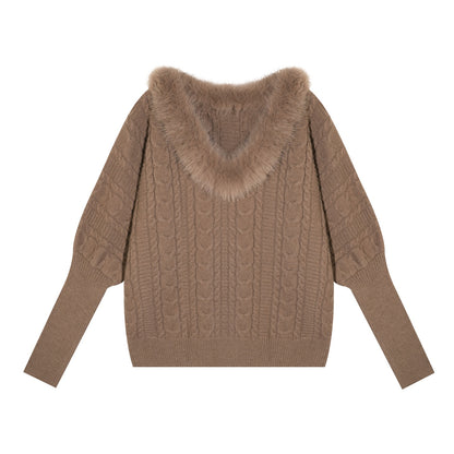 AsGony ASG25627 V-neck wool strip twisted flower sheep leg sleeve knitted sweater