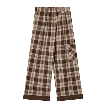 AsGony ASG25629 Elastic plaid wide leg casual pants