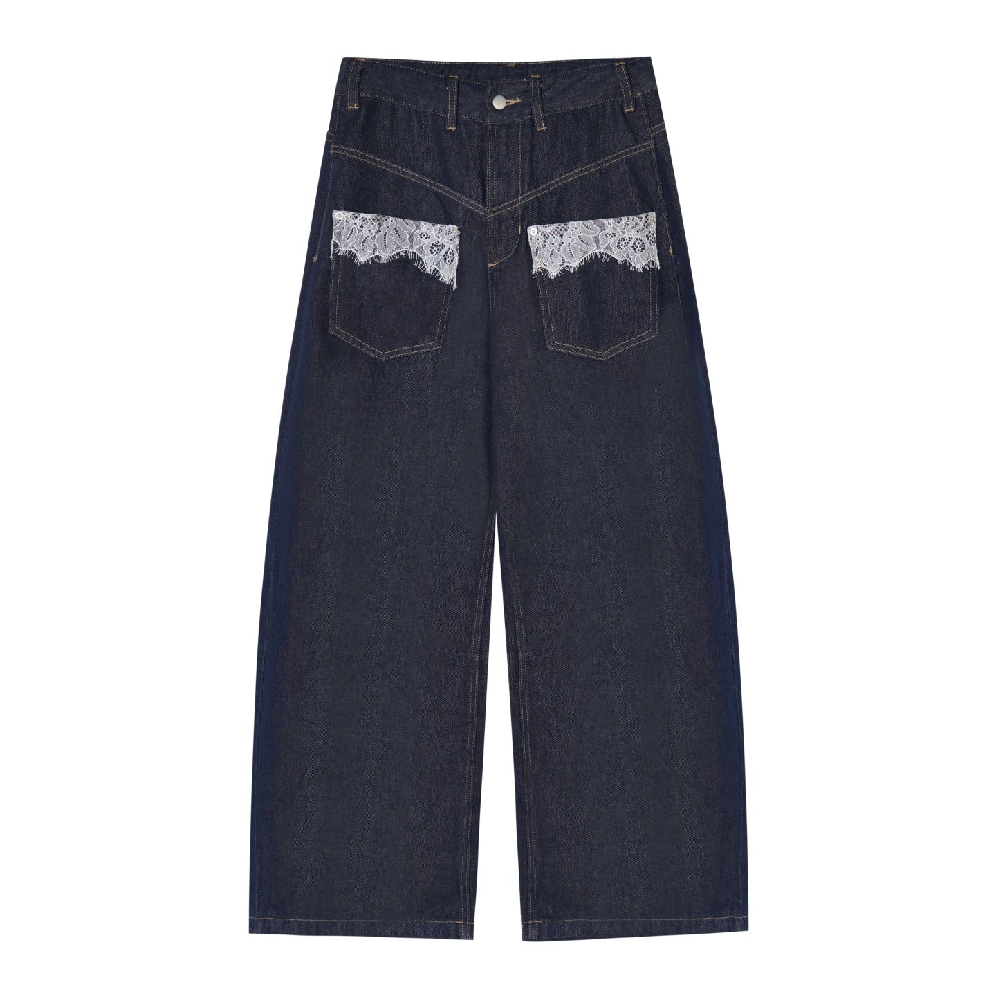 AsGony ASG25638 Lace pocket washed curved knife jeans
