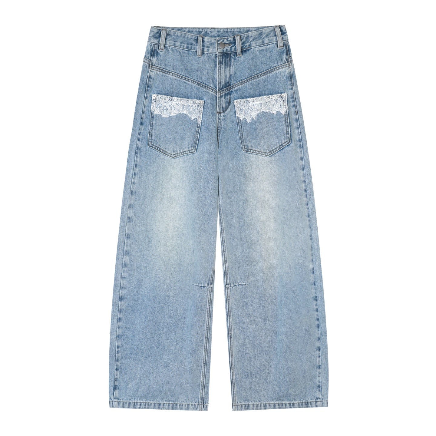 AsGony ASG25638 Lace pocket washed curved knife jeans