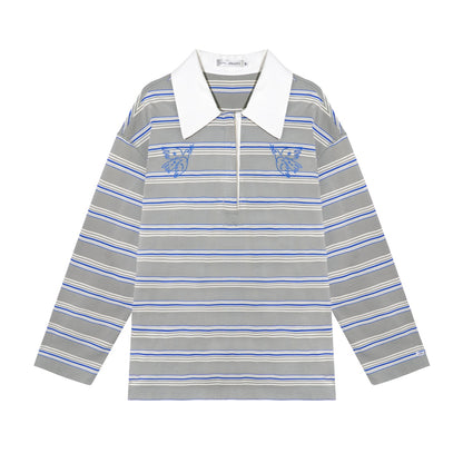 AsGony ASG25646 Collar patchwork striped embroidered long sleeved polo shirt