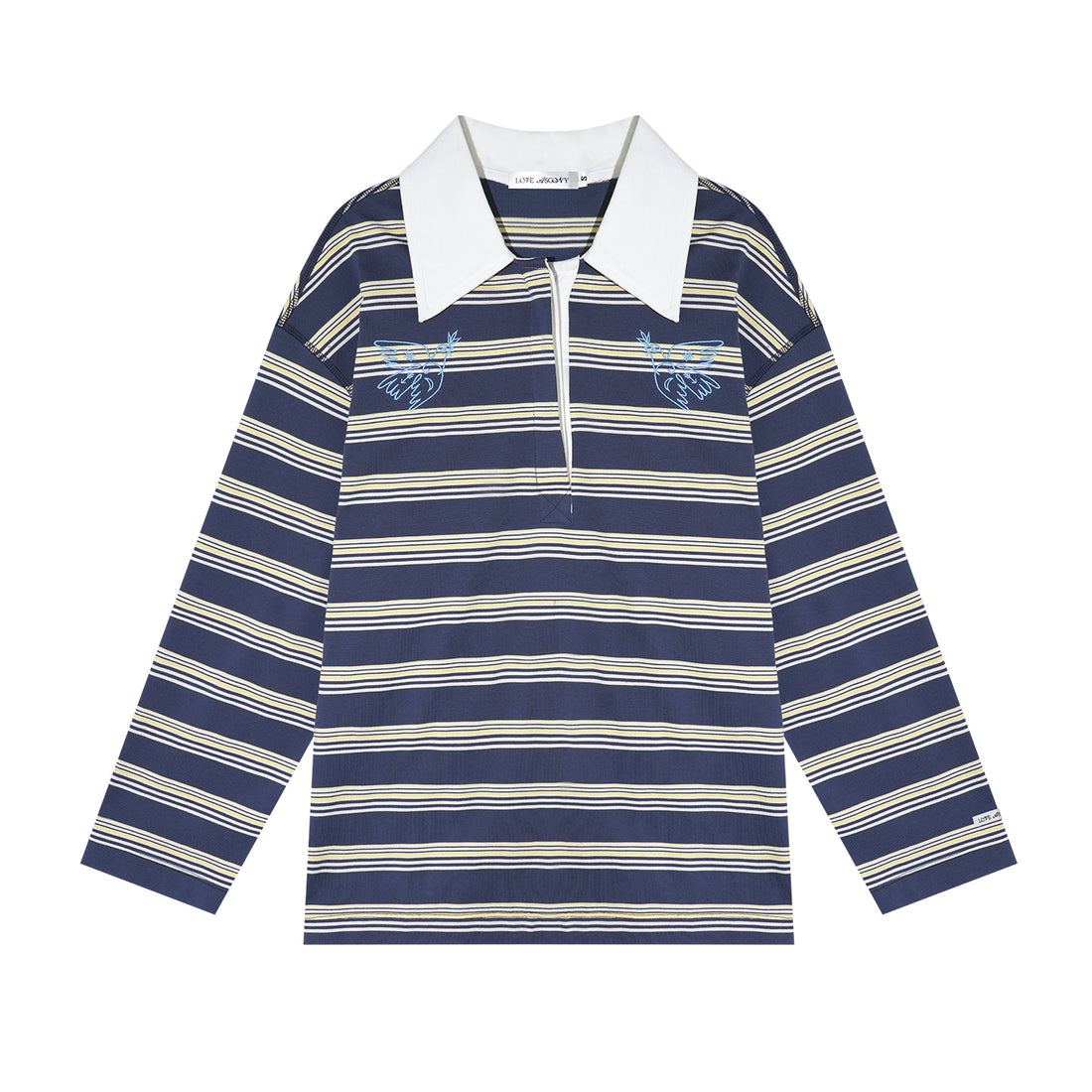 AsGony ASG25646 Collar patchwork striped embroidered long sleeved polo shirt