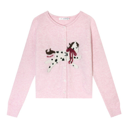 AsGony ASG25648 Pony jacquard bow round neck wool cardigan