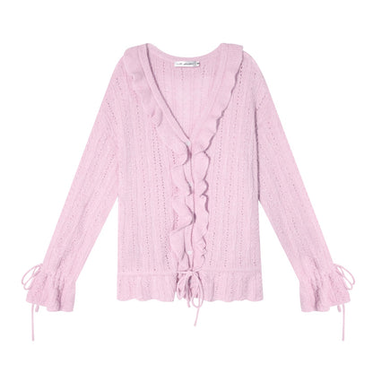 AsGony ASG25650 Woolen pleated hollow knitted cardigan
