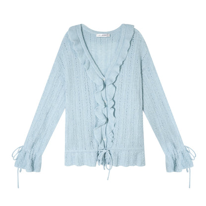AsGony ASG25650 Woolen pleated hollow knitted cardigan