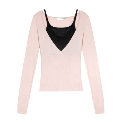 AsGony ASG25655 Wool fake two-piece contrasting splicing knitted top