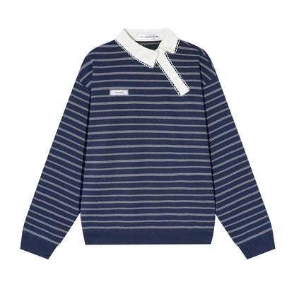 AsGony ASG25658 Slanted placket lace collar striped patchwork hoodie