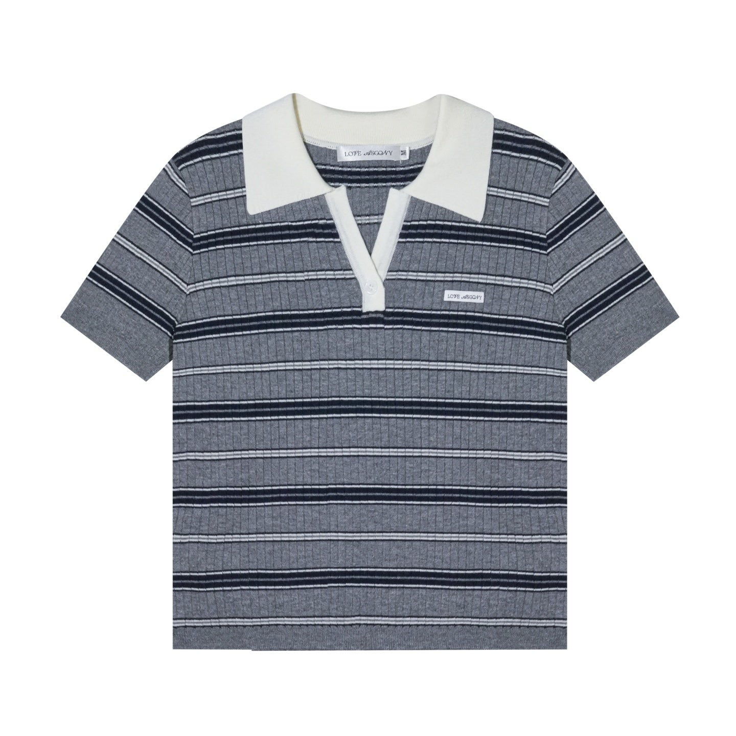 AsGony ASG25660 V-neck patchwork polo striped short sleeved sweater