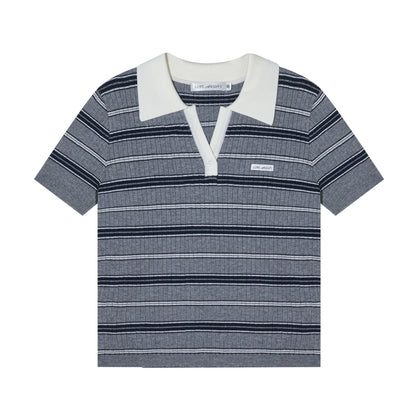 AsGony ASG25660 V-neck patchwork polo striped short sleeved sweater