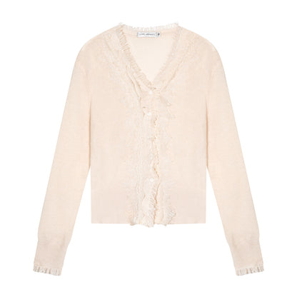 AsGony ASG25662 Sheep wool lace patchwork V-neck knitted sweater