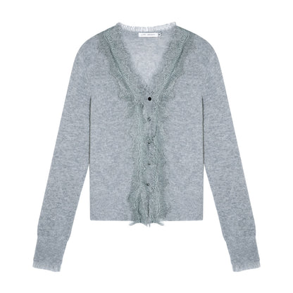 AsGony ASG25662 Sheep wool lace patchwork V-neck knitted sweater