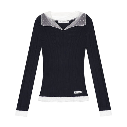 AsGony ASG25664 Polka dot mesh spliced wool base sweater