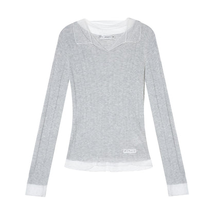 AsGony ASG25664 Polka dot mesh spliced wool base sweater