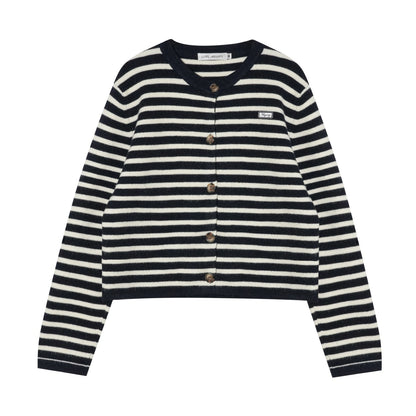 AsGony ASG25678&amp;ASG25672 Wool round neck striped knitted cardigan + skirt set