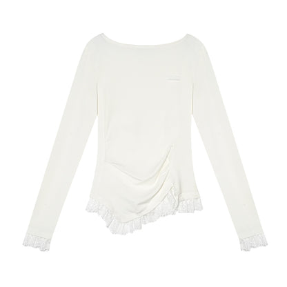 AsGony ASG25680 Irregular lace patchwork waistband bottom top