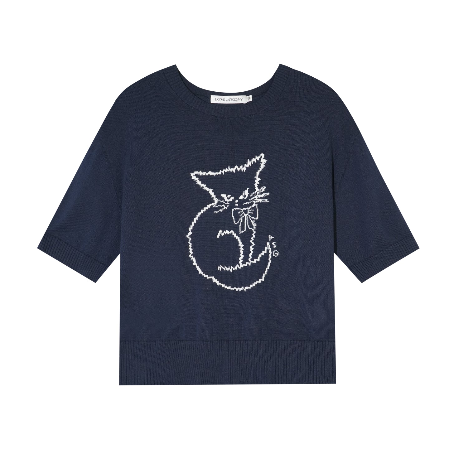AsGony ASG26005 Round-neck jacquard cat print short-sleeved knit pullover