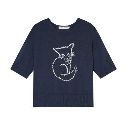 AsGony ASG26005 Round-neck jacquard cat print short-sleeved knit pullover