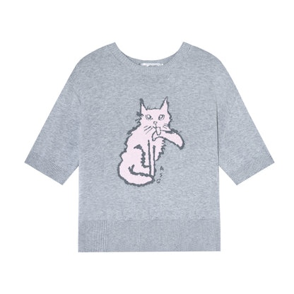 AsGony ASG26005 Round-neck jacquard cat print short-sleeved knit pullover