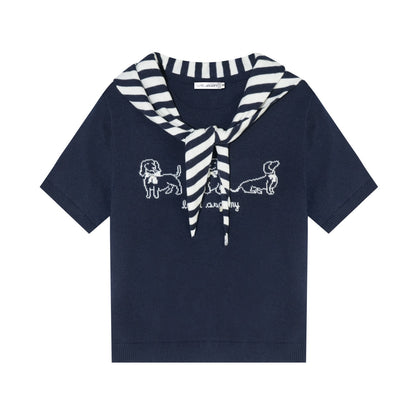 AsGony ASG26008 Wool puppy jacquard round neck striped shawl two-piece set