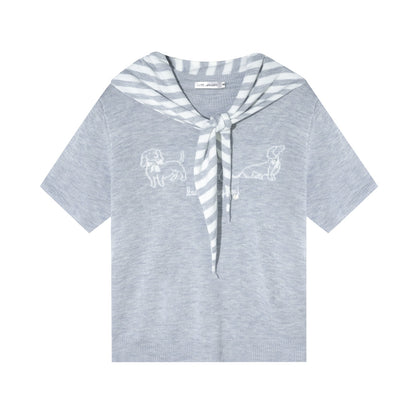 AsGony ASG26008 Wool puppy jacquard round neck striped shawl two-piece set