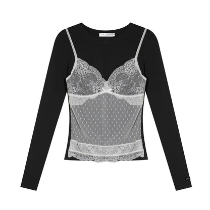 AsGony ASG26013 Fake two lace patchwork long sleeved base T-shirt