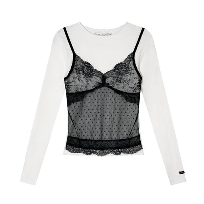 AsGony ASG26013 Fake two lace patchwork long sleeved base T-shirt