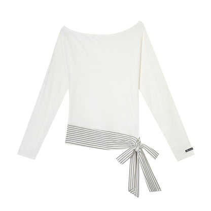AsGony ASG26014 Slanted shoulder batfly sleeve striped strap hem top
