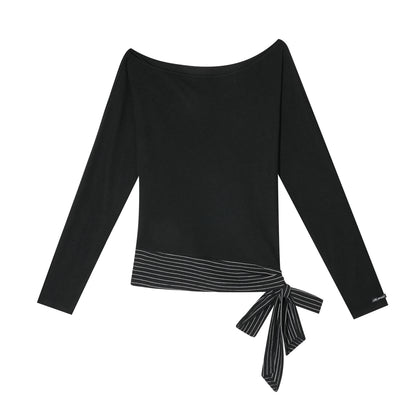 AsGony ASG26014 Slanted shoulder batfly sleeve striped strap hem top