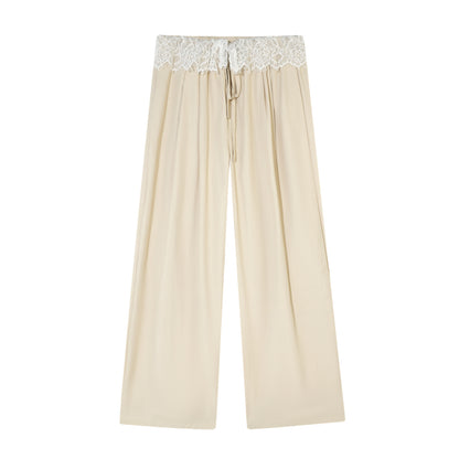 AsGony ASG26024 Lace patchwork drawstring waist wide leg casual pants