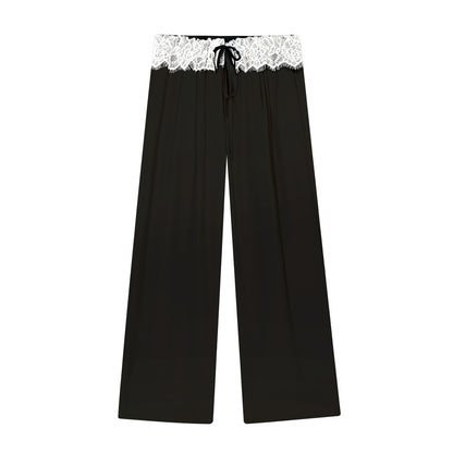AsGony ASG26024 Lace patchwork drawstring waist wide leg casual pants
