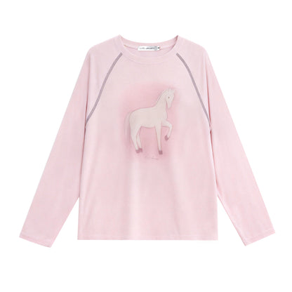 AsGony ASG26026 Tencel wool raglan sleeves with ponytail printed lace T-shirt