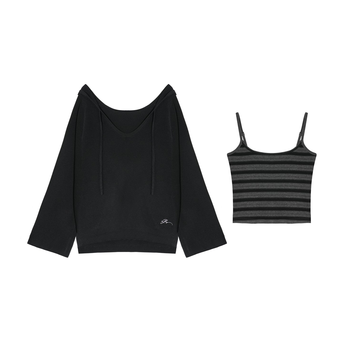 AsGony ASG26030&amp;ASG26031 Wool striped suspender hooded knitted two-piece set