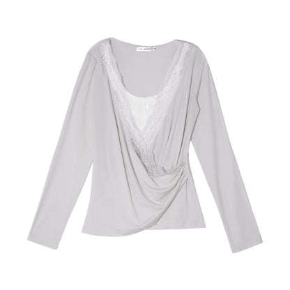 AsGony ASG26039 Tencel lace cross splicing color blocking fake two-piece top
