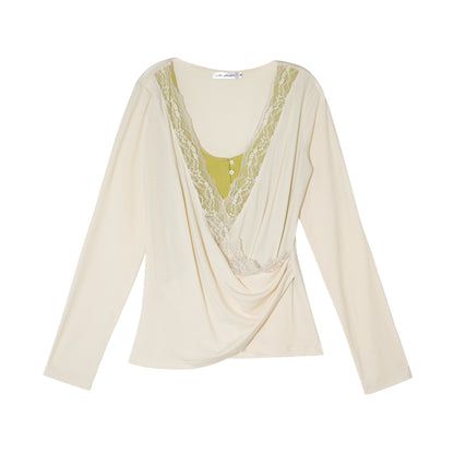 AsGony ASG26039 Tencel lace cross splicing color blocking fake two-piece top