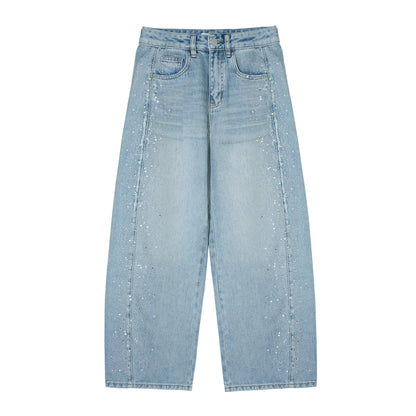 AsGony ASG26040 Lyocell washed rhinestone decorative curved knife jeans
