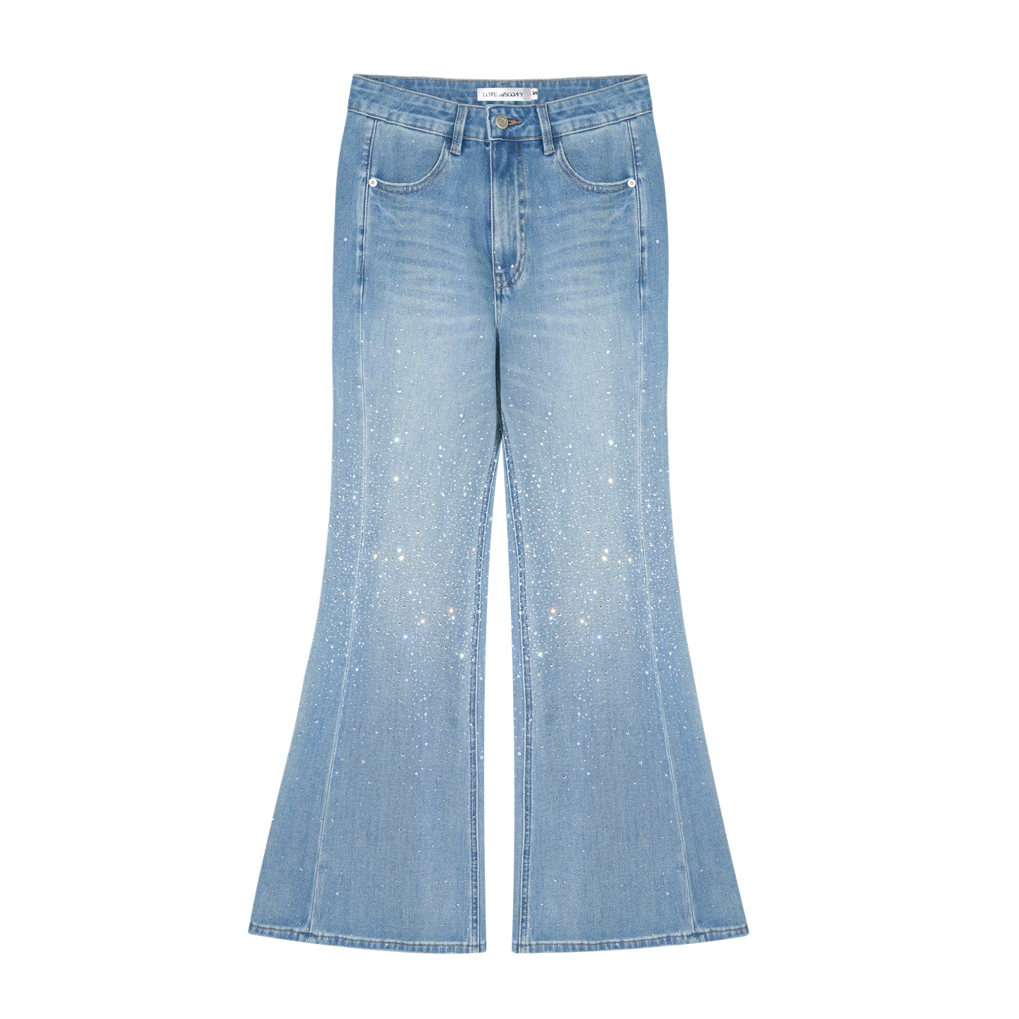 AsGony ASG26041 Washed rhinestone decorated micro flared jeans