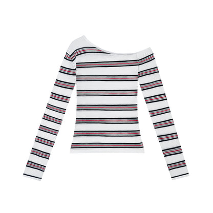 Asgony ASG26513 Striped One-Shoulder Long-Sleeve Knit Top