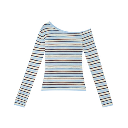 Asgony ASG26513 Striped One-Shoulder Long-Sleeve Knit Top